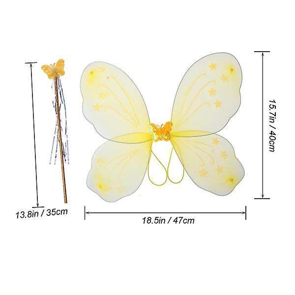 3-delt jentekostyme-sett med vinger, pannebånd og fe-stav for barn, forestilling og festkostyme (gul) Yellow