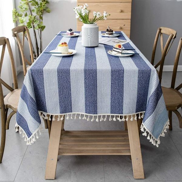 Flette støvtett duk, rektangulær duk, dekorativ stripet hage tebord (140*240cm, Blå og hvit)