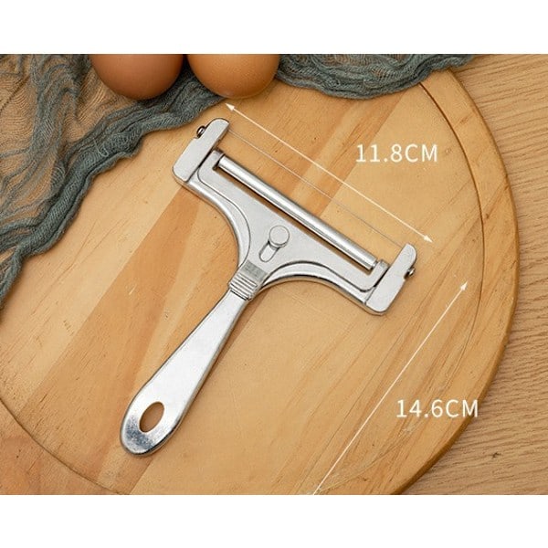 Ostehøvel med rull og skjæretråd, variabel skivetykkelse, rustfritt stål/aluminium, vintage design, roterende høvel, sølv