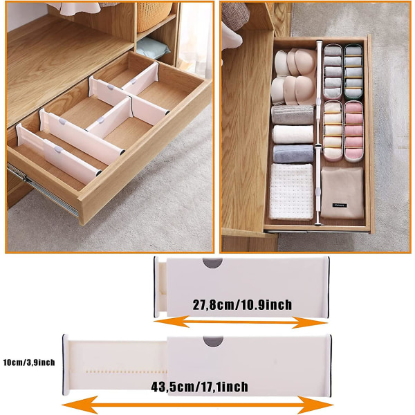Skufferumdelere (sæt af 4) Justerbare Skuffeorganisatorer, (27,8 - 43,5 cm) Køkkenskufferumdeler til Soveværelse, Skuffe, Kontor