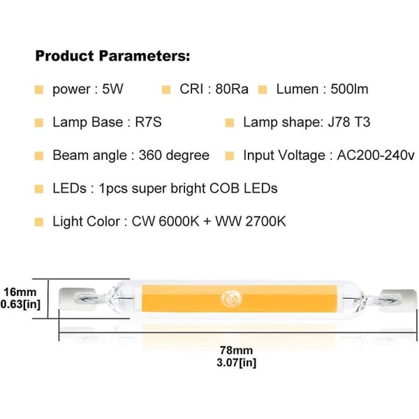 5w R7s 78mm J78 Cob glödtråd LED-lampa, 500 lumen 360 grader, 30w 48w 50w halogenlampa ekvivalent, perfekt för hem, kök, rum, balkong, kontor, E