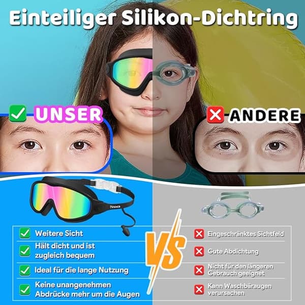 Simglasögon 2-pack för barn 3-15 år, imfria med UV-skydd, PC-lins med öronproppar och näsklämma, vattentät silikontätning, svart