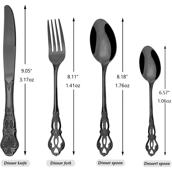 4-delad Svart Spegel Porslin Bestick Set i Rostfritt Stål Lyxig Bestickuppsättning Service För Inkluderar Knivar/Gafflar/Skedar/Teskedar, Diskmaskinsäker