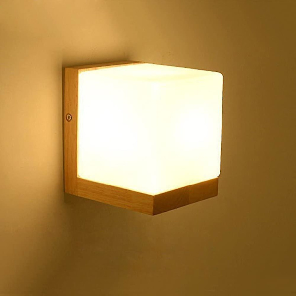 Moderne Enkel Kreativ Japansk Stil Hvid Glas Vægslampe E27 Belysning Trækube Edison Vægskænke Lys Moderne Dekoration Stue Soveværelse