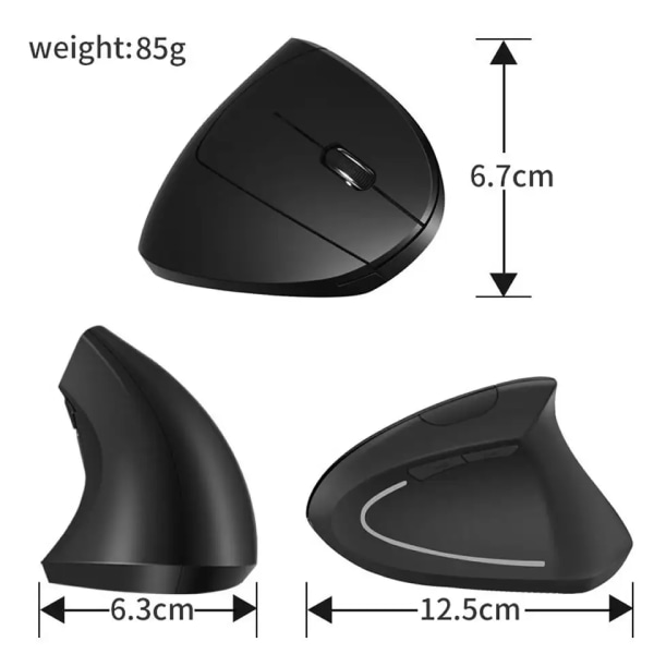 To stk. Trådløs Vertikal USB Mus, 6 Knapper med 1000/1600 DPI, Høyrehendt Design, Svart