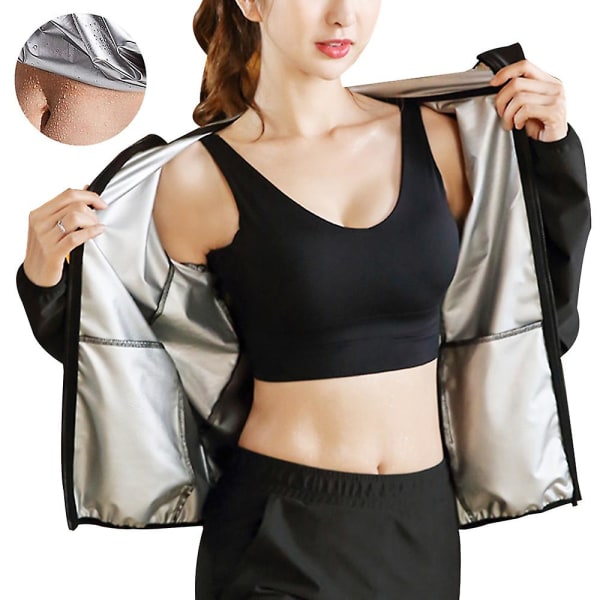 Sauna Suit Sweat Jacket Long Sleeve Sweat Suits Slimming Workout Waist Trainer Fitness Body Shaper ZipperFemale style blackL