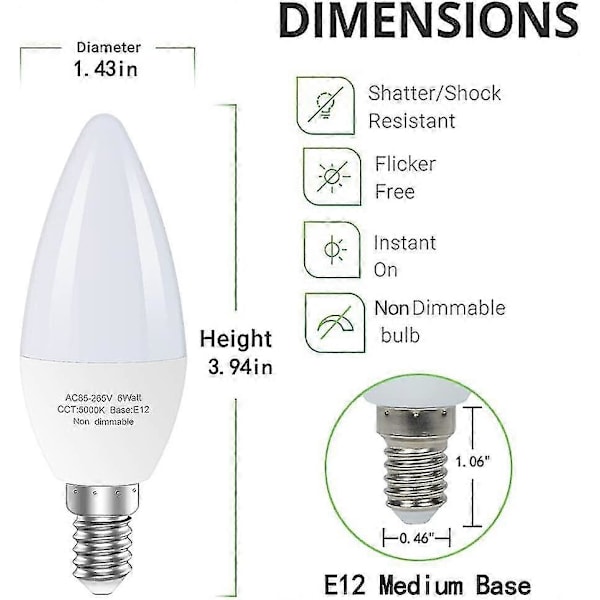 6 kpl E12 LED-kattotuulettimen lamppuja, 60 watin vastaava kynttelikkö LED-lamppu, tyyppi B lamppu kattokruunuun, kynttilälamput, ei himmennettävä