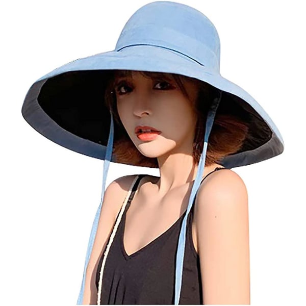 Damhatt Solhatt Packbar Vändbar Bucket Hat UV-skydd Bredbrättad Sommar Strandkeps Ljusblå Lightblue