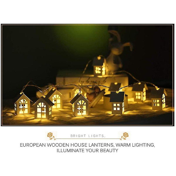 Julbelysning, 2m 10-LED Trähus Fairy Lights Rum Dekoration Varmvit, Batteridriven (ingår ej)