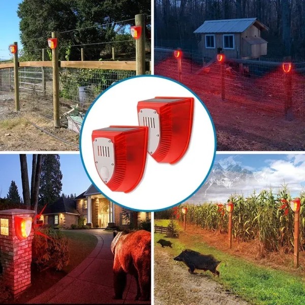 2 pakke solar sikkerhetsalarmlys, 129dB skuddlyder og hundebjeffelyd og lys Strobelys varsellampe for utendørs gård Ba