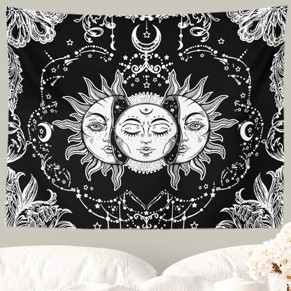 Sol og Måne Vægtæppe, Sort og Hvid Vægtæpper Mystisk Brændende Sol med Stjerne Væghængende Dekoration til Soveværelse (150 cm B x 130 cm L)