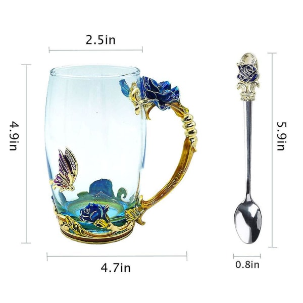 2 stk glas tekop, blyfri håndlavet emalje sommerfugl og blå rose blomster te krus med håndtag, unikke personlige fødselsdagsgave ideer til Wo
