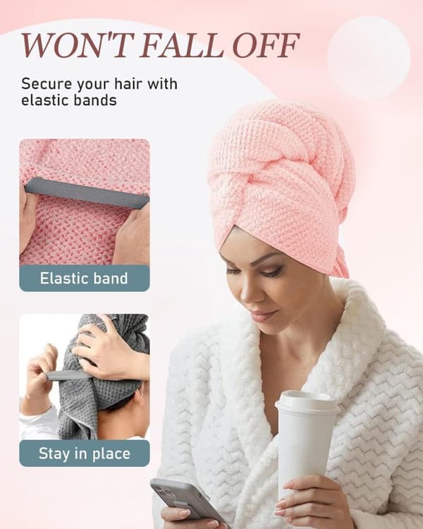 Mikrofiber Hårtørringshåndklæde Wrap 2-pak, Superabsorberende Hurtigtørrende Vaffelturban med Elastisk Løkke til Langt Krøllet Hår, 100 x 60 cm, Grå og Pink