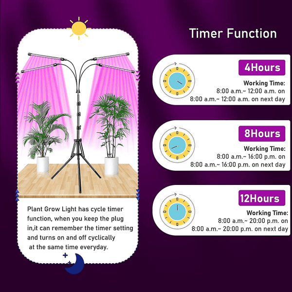 Plantelampe, vækstlampe med stativ, 80 lysdioder Plantegartnerilampe Blomstrende 4 hoveder fuld spektrum vækstlampe, med 10 dæmpbare niveauer 3 timer Mo