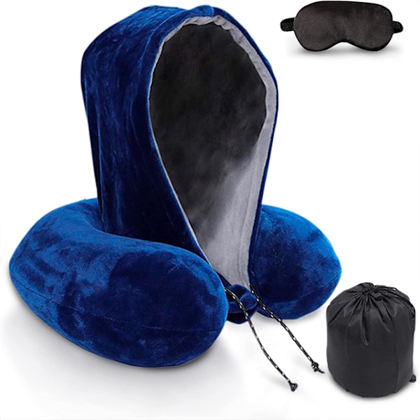 Bärbar Resekudde i Memory Foam med Högt Stöd och Huvtröja, U-formad Nackkudde för Flygplan 80_xrzi Sky blue