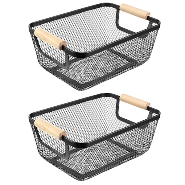 2 Pak Metal Mesh Stålkurv, Tråd Opbevaringskurv Multifunktionel Hængende Køkkenkurv Frugtkurv, Rektangel-Sort