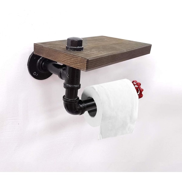 Industriel Rustik Toiletpapirholder Med Træhylde Og Støbejernrør Til Badeværelse Med Rød Hane 25*13cm