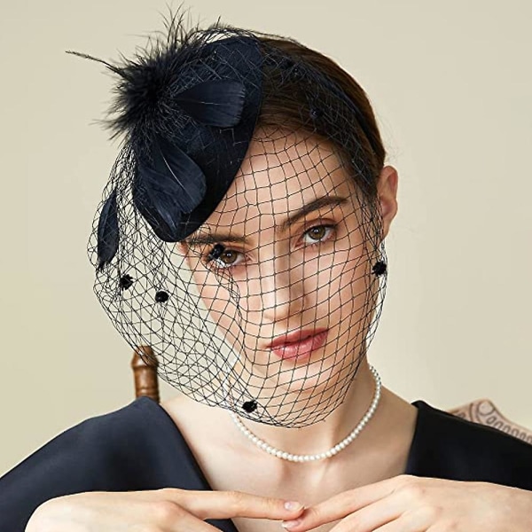 Hårnål Lille Top Hat Hovedblomst Fjer Net Gaze Tema Fest Prom Ferie Pandebånd Hovedbeklædning Sort Black