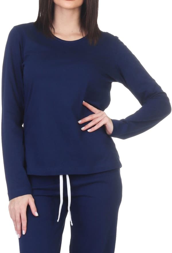 Långärmad pyjamastopp för dam Mix & Match, 100 % bomull mjuk och ventilerande sovtröja, marinblå nattkläder för avkoppling och sömn