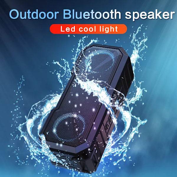 Bærbar Bluetooth-høyttaler, svart, for hjemmet og utendørs, Bluetooth, IPX7 vanntett, stereolyd, LED-lys, innebygd mikrofon for telefon