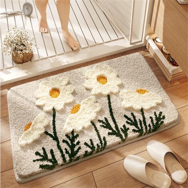 Daisy Badeværelsestæppe 50x80 cm Blødt Plys Absorberende Skridsikkert Maskinvaskbart Blomstret Bademåtte til Brusebad Badekar Soveværelse Grå Hvid