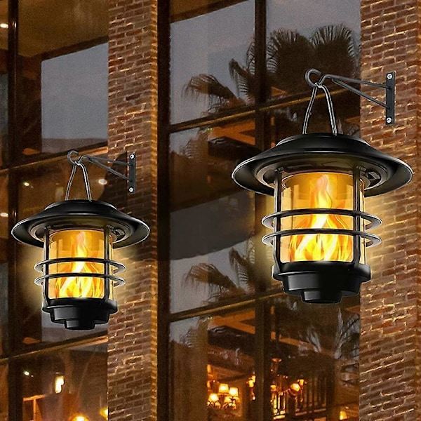 RY-Solarlampor Utomhus Trädgård, Glas och Metall IP65 Vattentät, Flimrande Lågor Vägglyktor, 2-pack Hängande Väggmontering för Uteplats, P