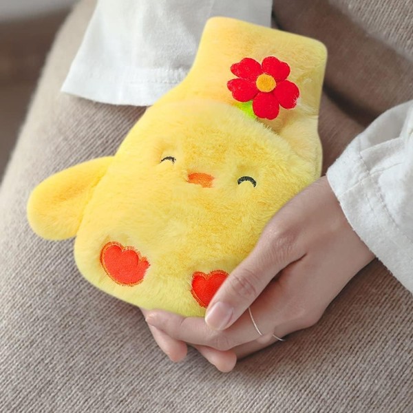 Hot Water Bag 500ml - Cosy Fluffy Soft Plush Cute Chicken Pattern Warm Water Bag Rubber Cover Comfortable Safe and Durable for Back Legs