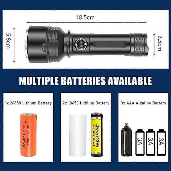 Dykkelykt, Undervanns dykkerlykt, Supersterk 5000 lumen med 3 moduser, med 26650 batteri og lader