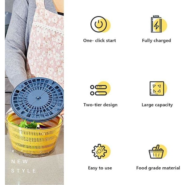 Grönsaksrengörare Torktumlare 4L Stor Kapacitet Frukt Grönsakssil Spinner, USB Elektrisk Sallad Salladssnurra*ryy