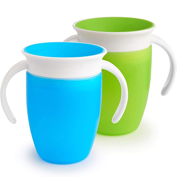 360° Träning & Toddler Sippy Cup Set, Spillfri, 2-pack, Blå/Grön Läcksäker & Kvävningsskyddad Mugg, Lärningsmugg
