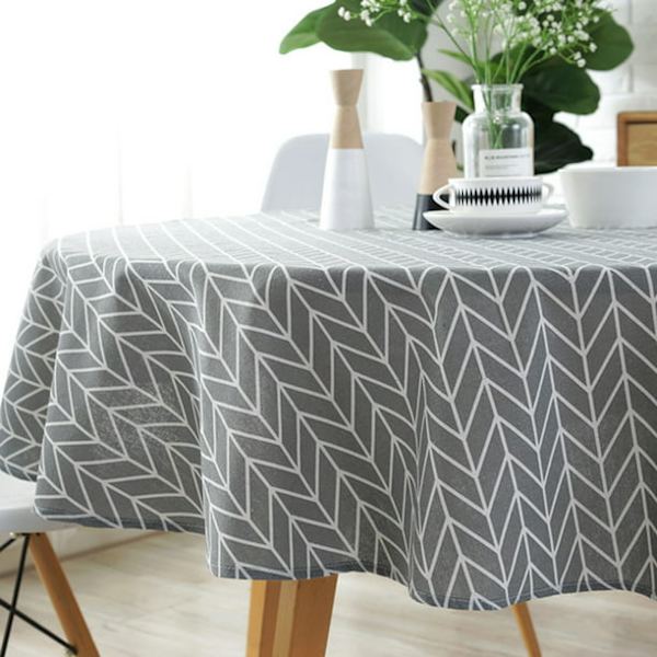 Rund bordsduk i nordisk stil, blandning av polyester och bomull, flerfärgad triangelgrå linje/150 cm