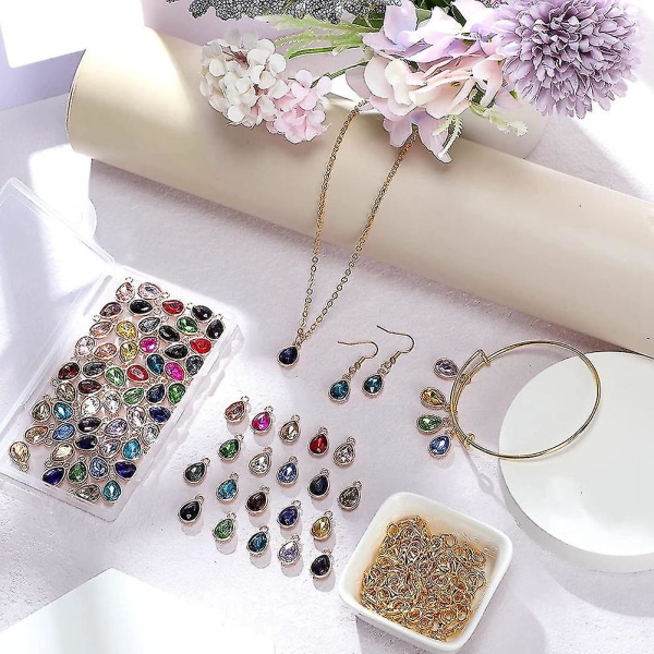 160 stk Birthstone Charms perler anheng og hummerklolåssett, dråpeperler dingler kompatibel med juvel