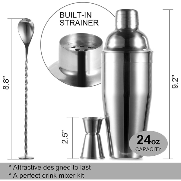 24oz Cocktail Shaker Bar Set - Professionell Margarita Mixer Drycksshaker och Mätjigger & Blandningssked Set - Professionell St