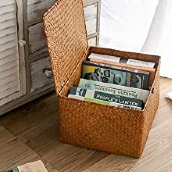 Rattan Korg Havgräs Förvaringskorg Med Lock Naturligt Material (liten 26cmx16cmx10cm H)