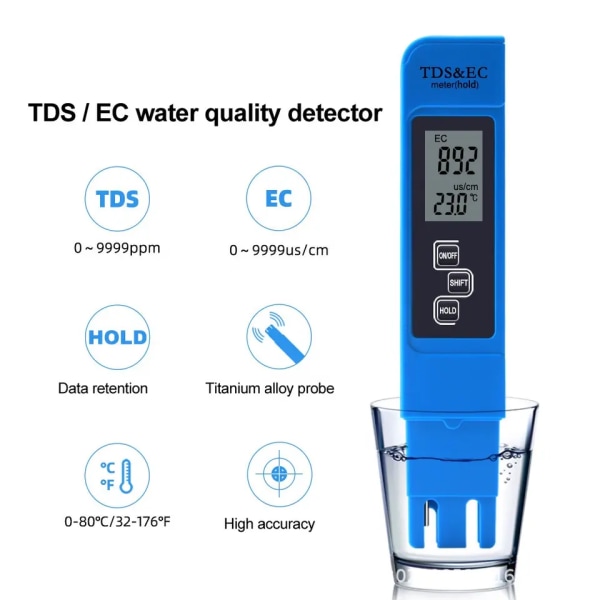 TDS-testeri 3-in-1 TDS EC & lämpötilamittari Ultrahigh-tarkkuus digitaalinen vedenlaadun TDS-testeri (valkoinen+sininen)