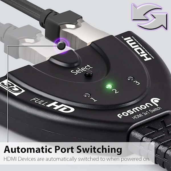 3-ports HDMI-switch med Full HD 1080p spiral kabel