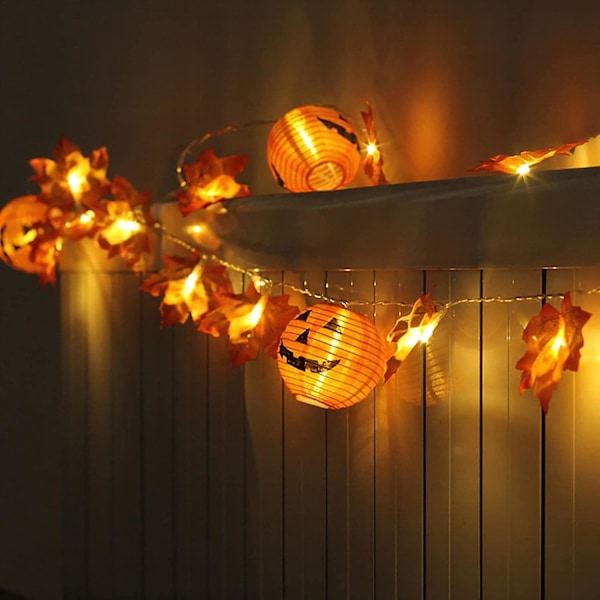 1 stk. Gresskarlyskjede, 9,8 fot 20 LED Gresskarlyskjede med lønneblader, dekorative lys for Thanksgiving høstfest innendørs høst utendørs