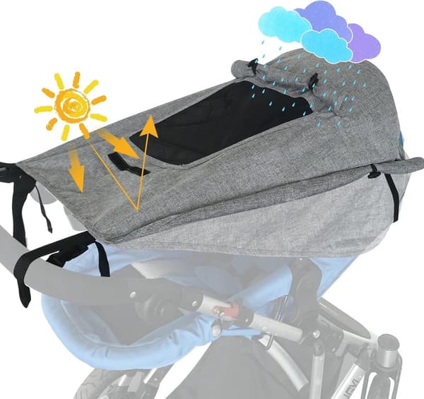 Universellt solskydd för barnvagn med visningsfönster, UV 50+-skydd, vattentätt, justerbart, enkel installation för spädbarn, grå