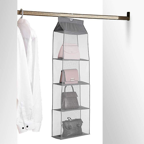 Avtakbar Hengeveske Håndveske Organiserer For Kleskap, Veske Oppbevaring Holder For Garderobe Kleskap Med 4 Hyller Plassbesparende Veske Organiserer Grå Grey
