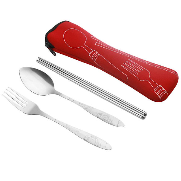 4-delars Set med Bestick i Rostfritt Stål, Premium Bärbar Mönstrad Gaffel, Sked, Spispinnar, Servis med Förvaringsväska (blå) Röd Red