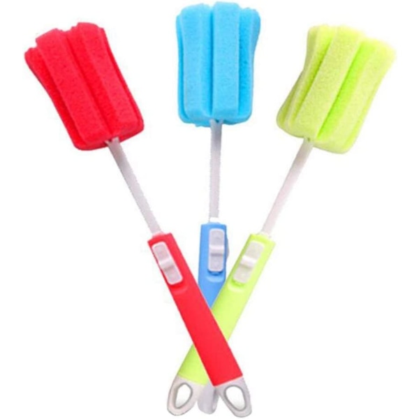 Pakke med skumspongeskrubbe med justerbar lang håndtag til rengøring af babyflasker, glas og kopper (tilfældig farve)