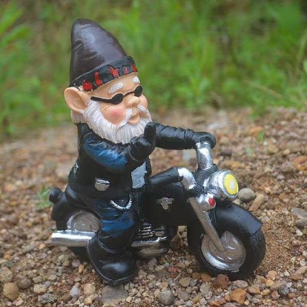 Trädgårdstomte Staty Dekorativa Figurer, Rolig Tomte Ridande Motorcykel Skulptur för Uteplats Gräsmatta Gård, Elf Utomhus/Inomhus Dekor