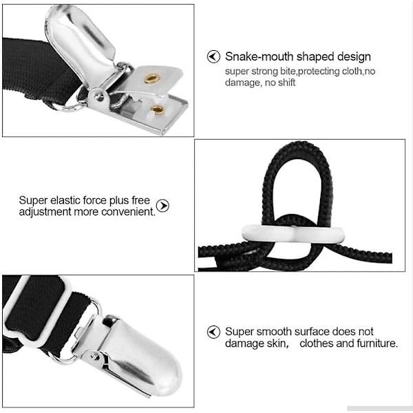 Justerbare lagenholdere, elastiske lagenklemmer, lagenstropper med elastiske holdere (4 stk., sort)