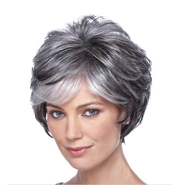 Korta gråa Pixie Cut Peruker för kvinnor lager syntetiskt hår Blandad grå peruk med vit lugg Naturliga vågiga peruker för gammal dam