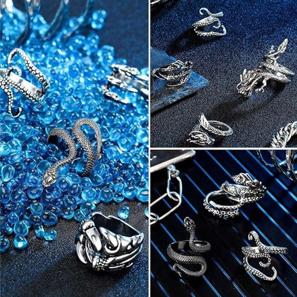 8 Vintage Punk Ringe - Drager, Slanger, Blæksprutter - Retro Åbne Justerbare Ringe Sæt Punk Stil
