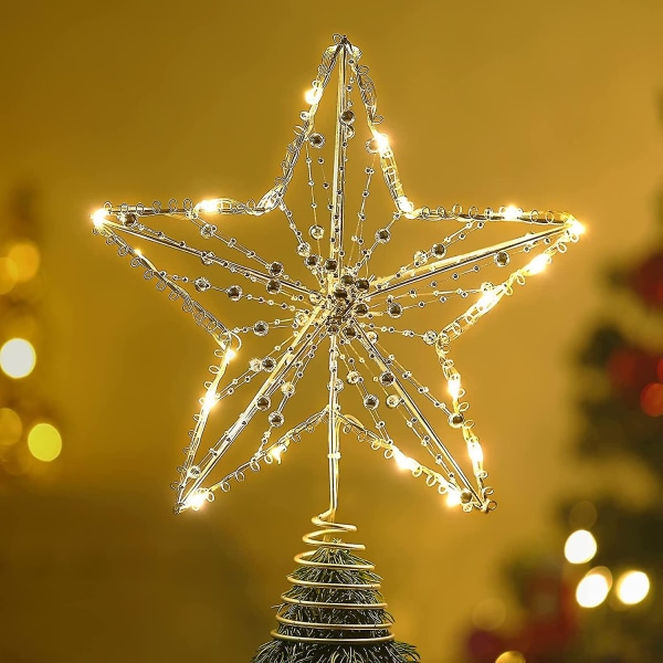 Christmas Star Treet Topper, batteridrevet Large Xmas Star Treet Top Light, Beaded Star Light med fjærende bunn
