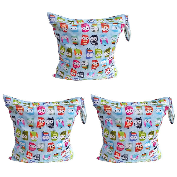 3pcs Colorful Owl Pattern Washable Reusable Waterproof Zippered Baby Cloth Diaper Nappy Bag Wet Dry