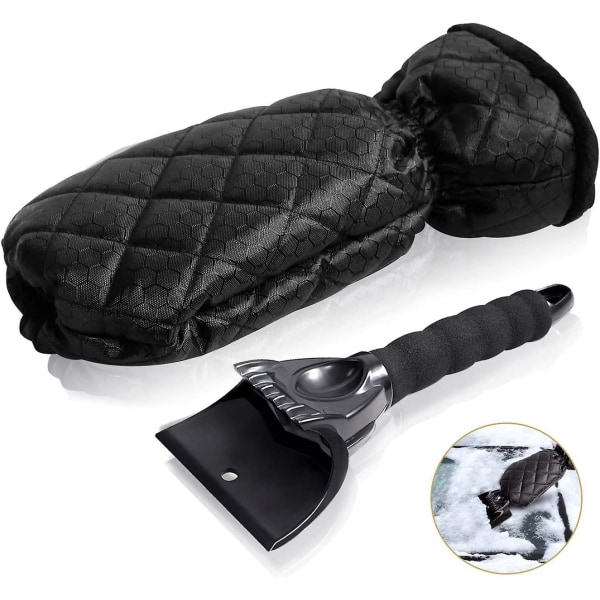 Isskrape til bil med vanntett hanske foret med tykk fleece isskrape med anti-skli grep for bil frontrute og vindu (svart) 1 stk.