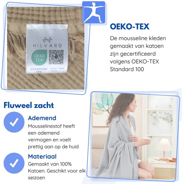 Mousselintæppe 100% Bomuld Blødt Åndbart Tæppe til Sofa Seng Rejse og Helårsbrug, Beige, 59 x 79 Tommer