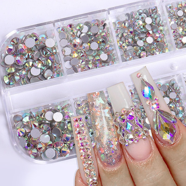 Nagelkonststenar, Runda Platta Rhinestones för Naglar, Hantverk, Skugga Multiform 3D Glaskristall Nagelsten Diamant